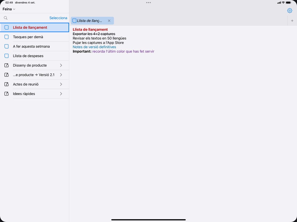 Navega a l'esquerra, escriu a la dreta una sola pantalla d'iPad