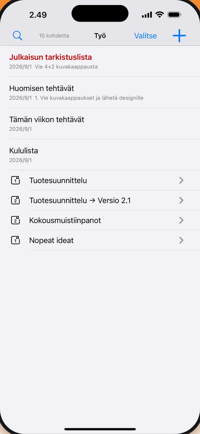 Muistikirja → Ryhmä → Muistiinpano järjestä miten haluat