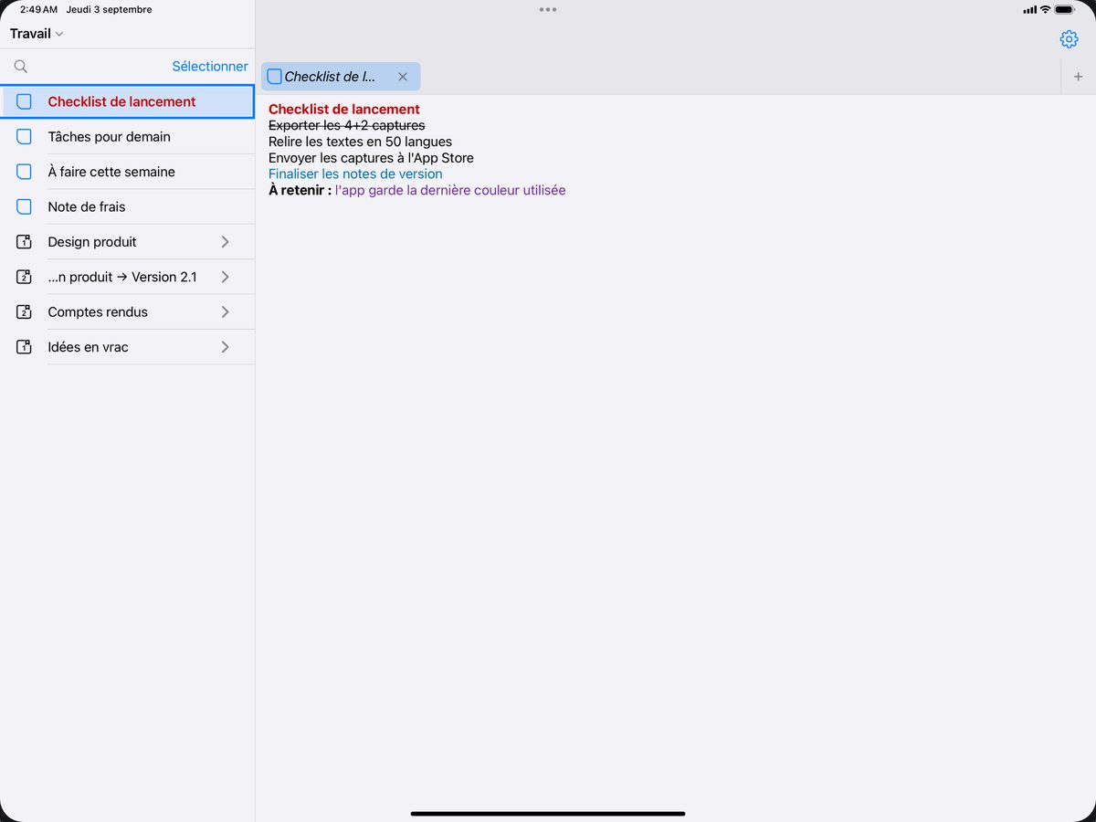 Parcourir à gauche, écrire à droite un seul écran iPad