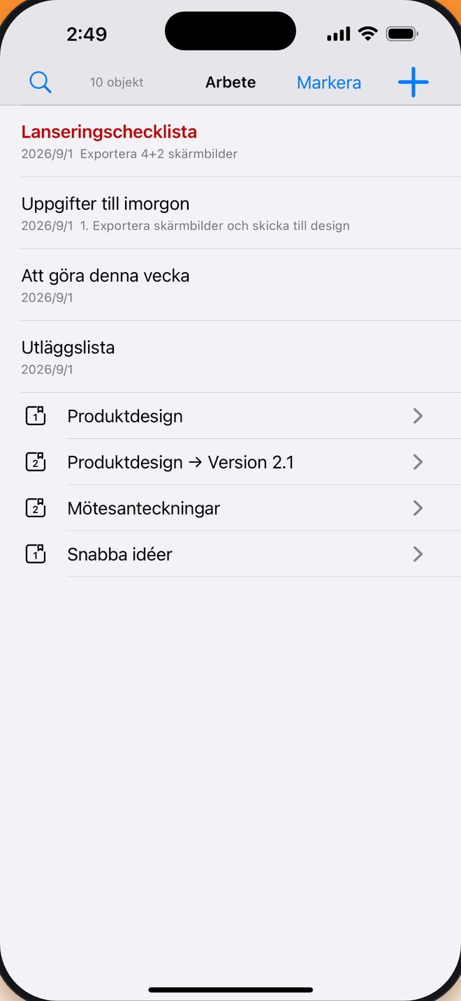 Anteckningsbok → Grupp → Anteckning ordna som du vill